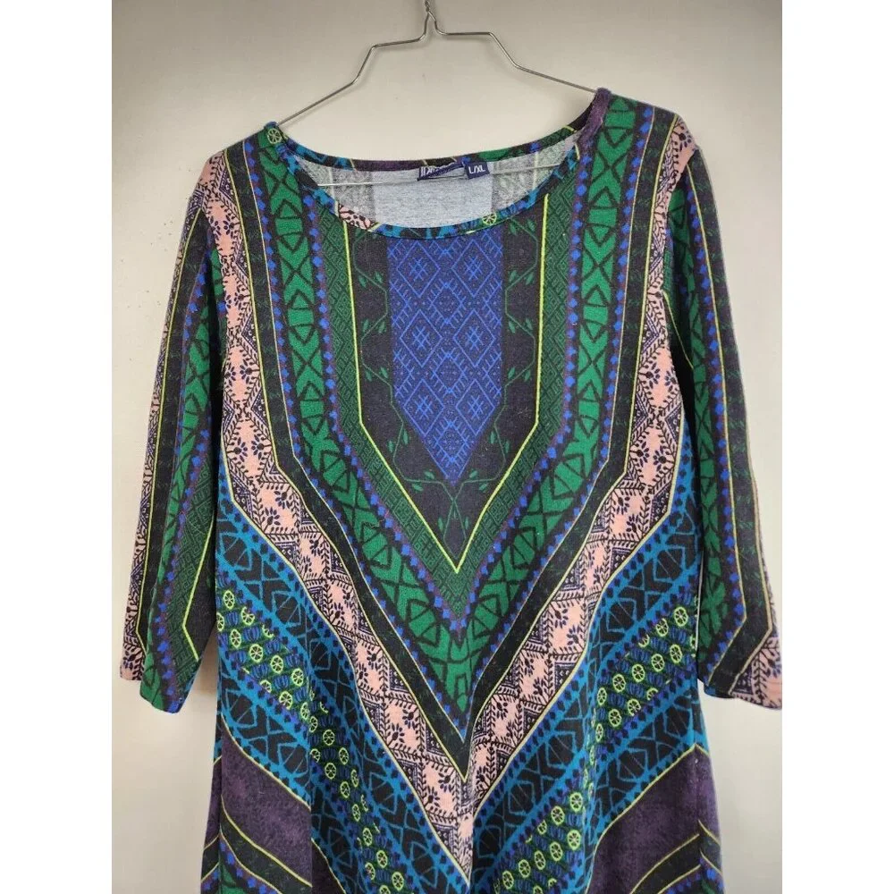 Highness Womens BOHO Mini Sweater Dress L/XL Green Printed 3/4‎ Sleeve Casual